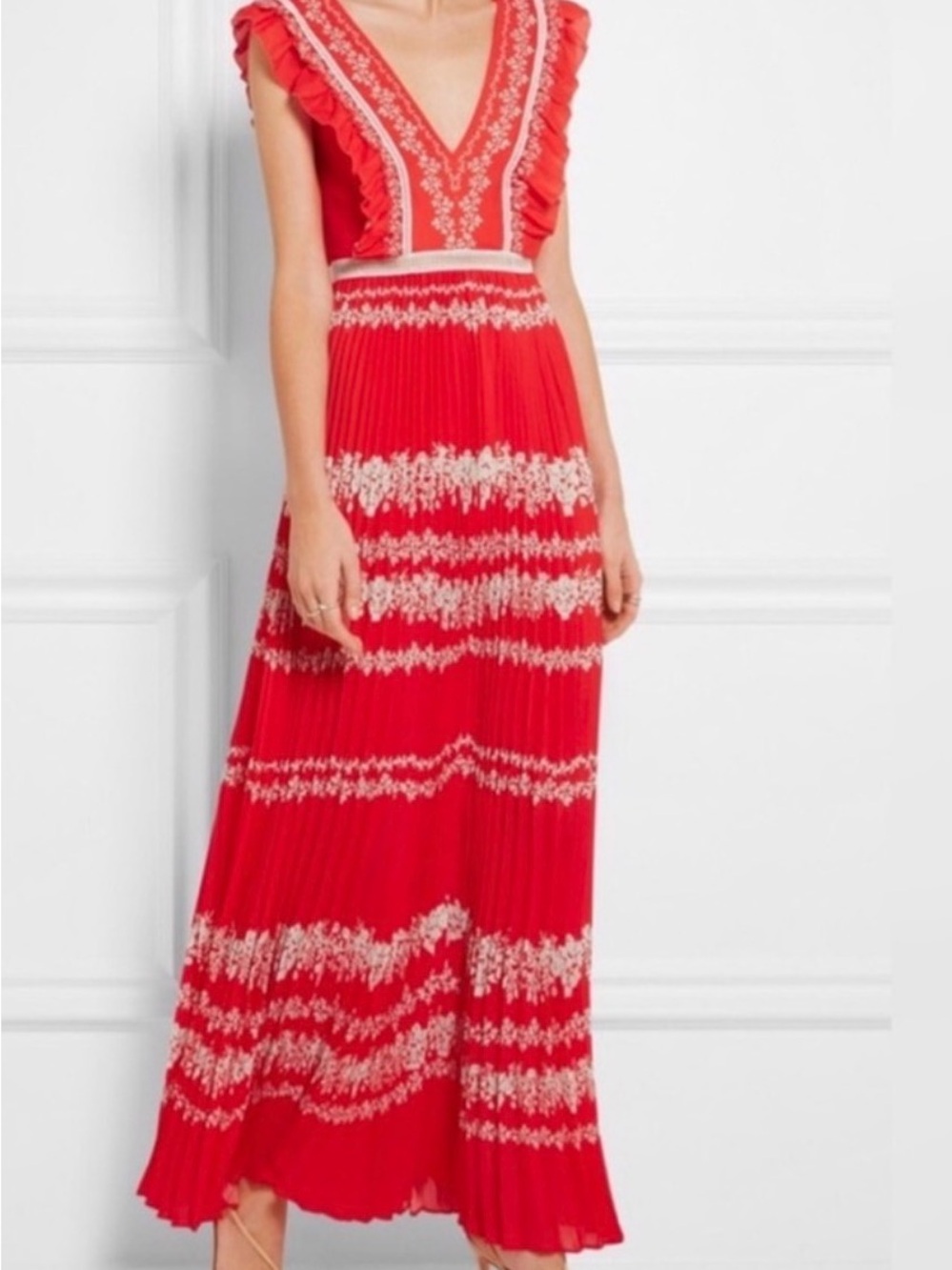 Self-Portrait Red & White Floral Pleated V‑Neck Maxi Dress
